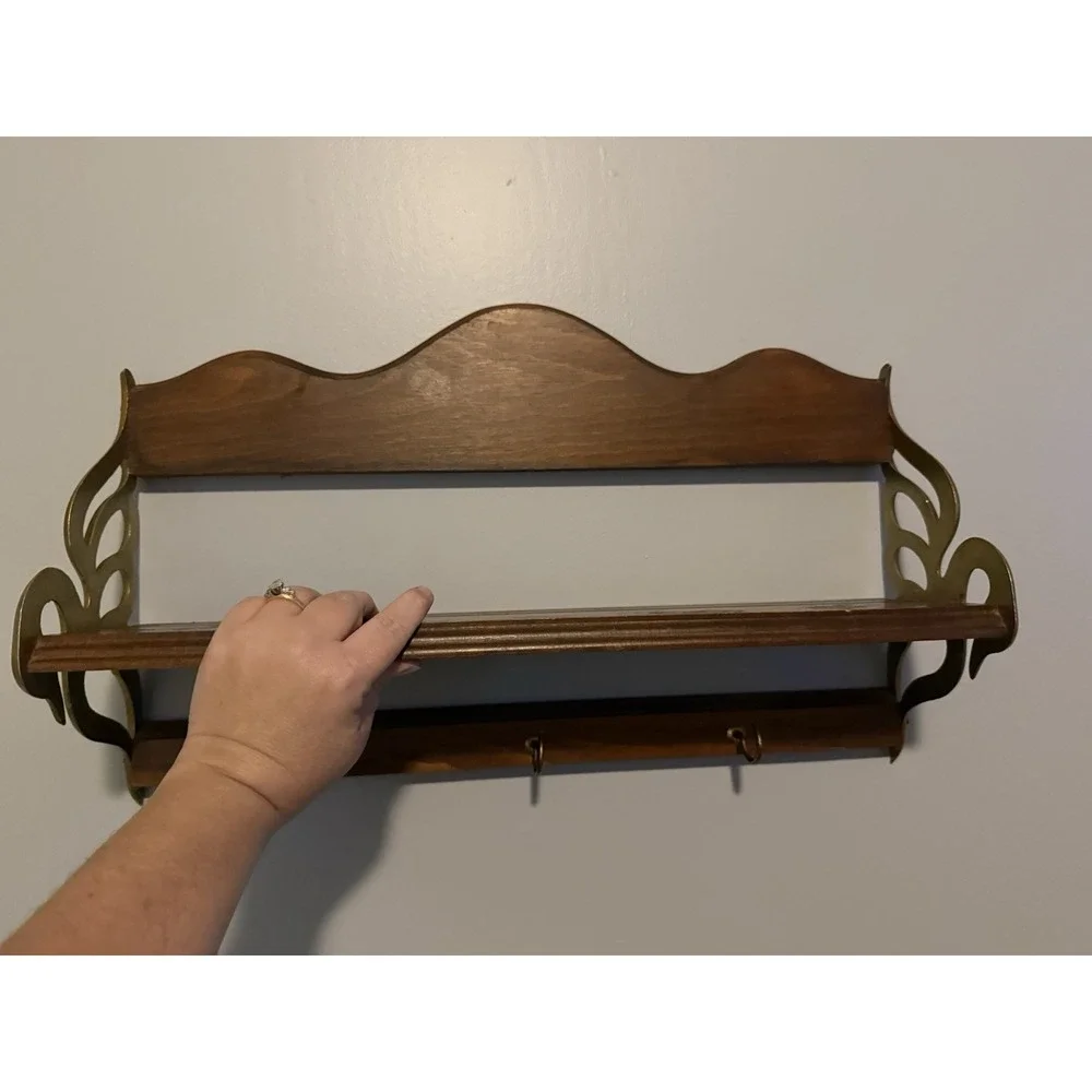 Antique MCM Brass Wood Swan Wall Mount Shelf Coat Rack 3 Hook Rare Style 21